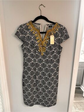 Mudpie Black & White Patterned Dress with Gold Embellished V-Neck